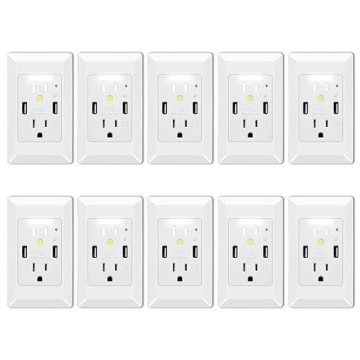 USB Outlet with Nightlight,15 Amp Electrical Outlet Guide Light,4.2A High Speed Duplex Receptacle Electrical AC Wall Sockets, Auto Nightlight Sensor and Wall Plates (White,10 Pack)
