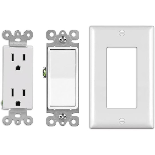 (50 Pack) Decorator Wall Light Switch and (50 Pack) CML 15 Amp Decorator Wall Receptacle Outlet, Wall Plates Included, White, UL Listed