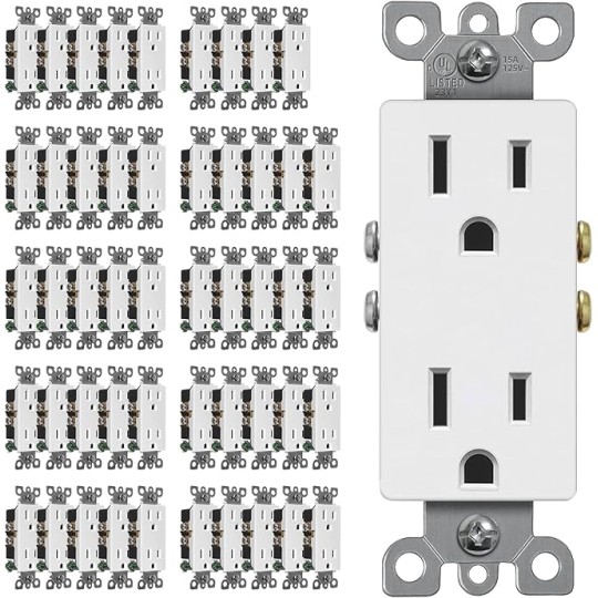 (50 Pack) Decorator Wall Light Switch and (50 Pack) CML 15 Amp Decorator Wall Receptacle Outlet, Wall Plates Included, White, UL Listed