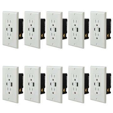 USB Fast Charger Wall Outlet with Type A and Type C USB Ports,29W USB Receptacle, 15Amp Dual Tamper Resistant Receptacle, Includes Wall Plate,UL Listed, White Power Outlet (15A, 10 Pack)
