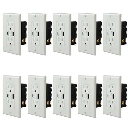 USB Fast Charger Wall Outlet with Type A and Type C USB Ports,29W USB Receptacle, 15Amp Dual Tamper Resistant Receptacle, Includes Wall Plate,UL Listed, White Power Outlet (15A, 10 Pack)