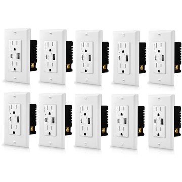 USB C Outlets,24W(4.8A,5V) with Type C USB Wall Charger Receptacles,Duplex 15Amp,PD &amp; QC 3.0,Wall Plate Included,Compatible with iPhone/Samsung/iPad,UL Listed,White,10PK