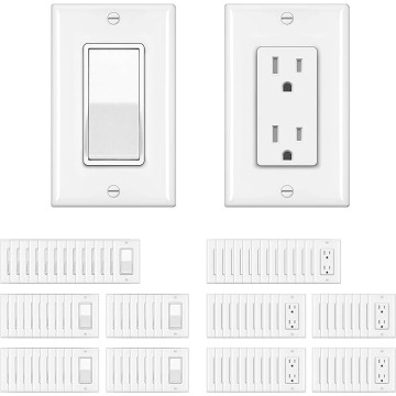 [50 Pack] Single Pole Decorator Wall Light Switch with Wallplate and [50 Pack]15 Amp Decorator Receptacle Outlet, UL Listed, White