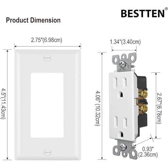 [50 Pack] Single Pole Decorator Wall Light Switch with Wallplate and [50 Pack]15 Amp Decorator Receptacle Outlet, UL Listed, White