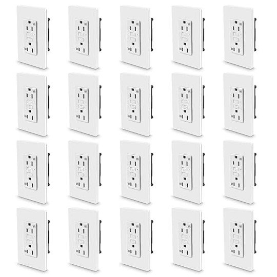 GFCI Outlet 15amp White Slim GFI Electrical Outlet Weather Resistant GFI Thinner Design Outlet GFCI Receptacle 15 amp Ground Fault Circuit Interrupter w/Wall Plate &amp; Screw, UL Listed, 20 Pack
