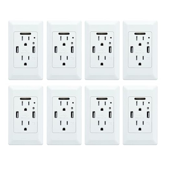 USB Outlet with Night Light,Dusk Dawn Sensor,4.2A High Speed Duplex Receptacle Electrical AC Wall Outlets,with Wall Plates，White,10 Pack
