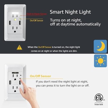 USB Outlet with Night Light,Dusk Dawn Sensor,4.2A High Speed Duplex Receptacle Electrical AC Wall Outlets,with Wall Plates，White,10 Pack
